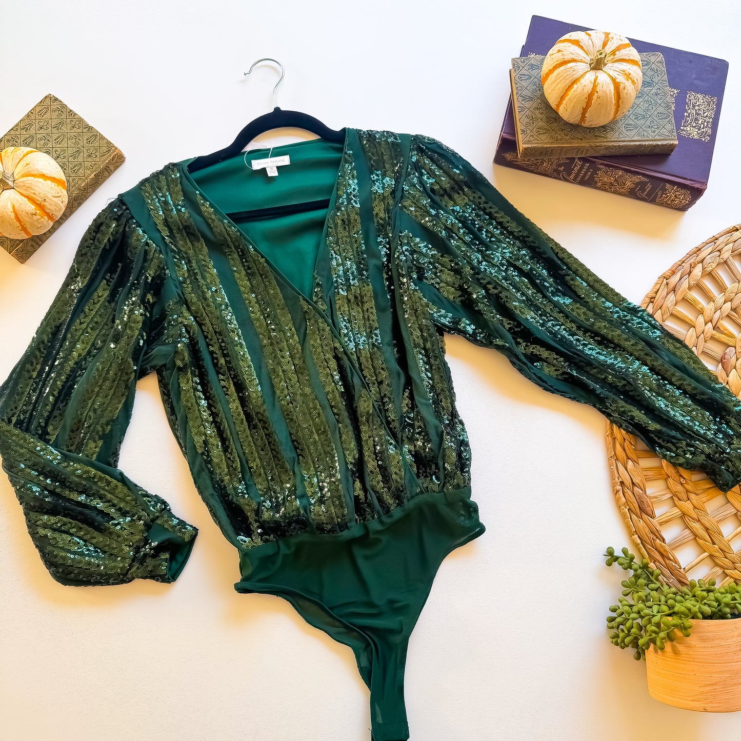 Emerald sequin stripe wrap top