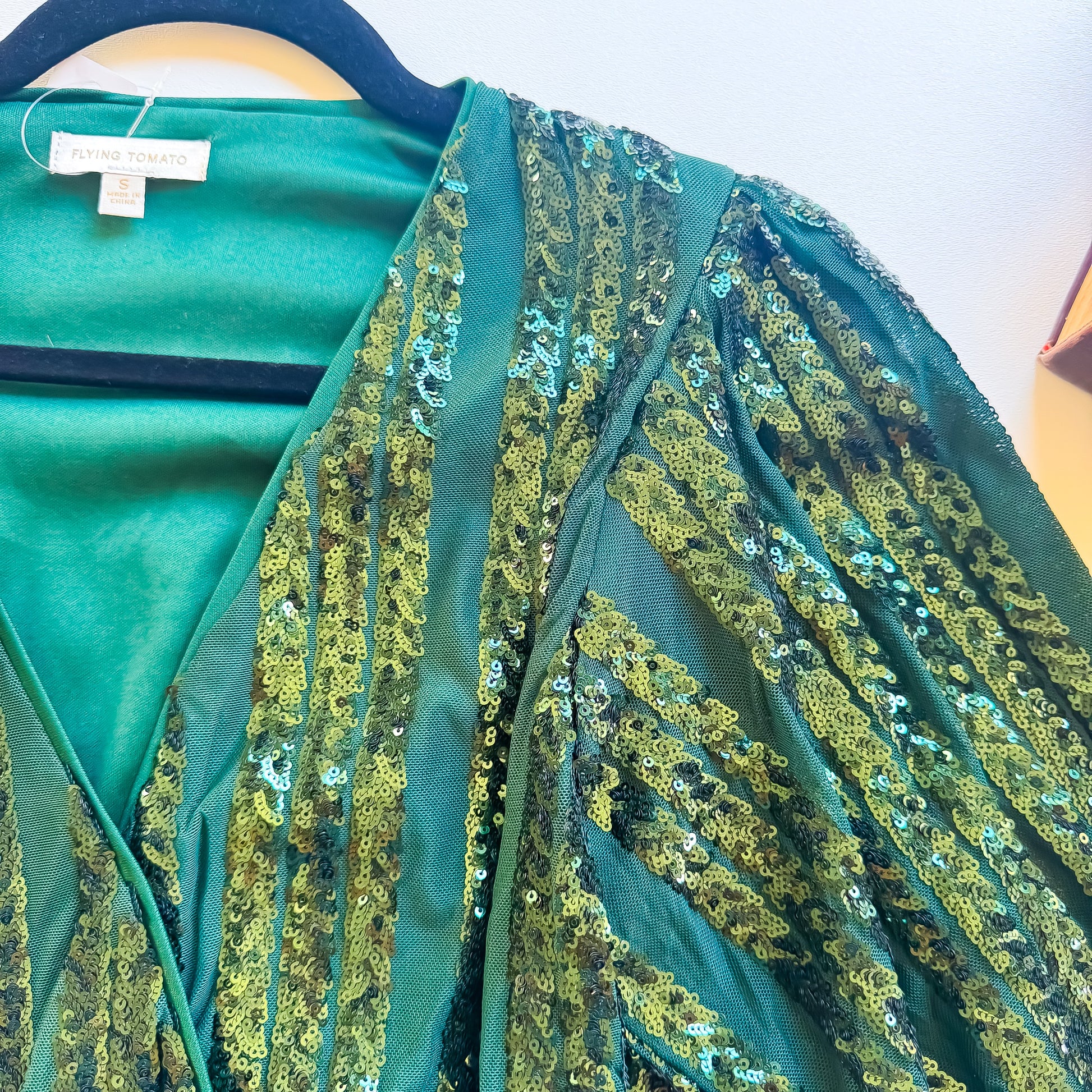 Emerald sequin stripe wrap top