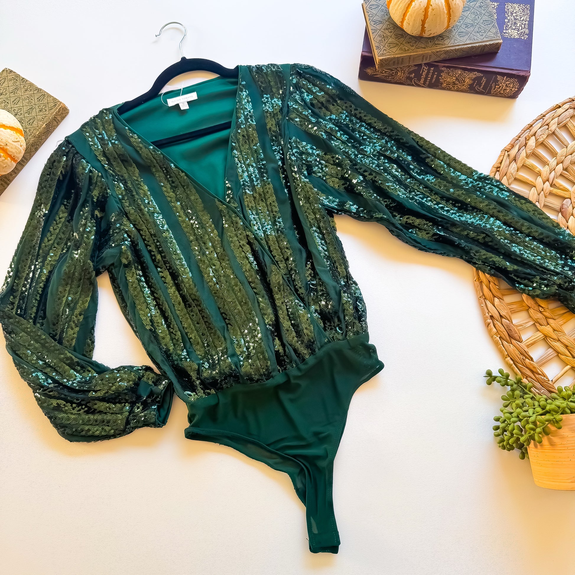 Emerald sequin stripe wrap top