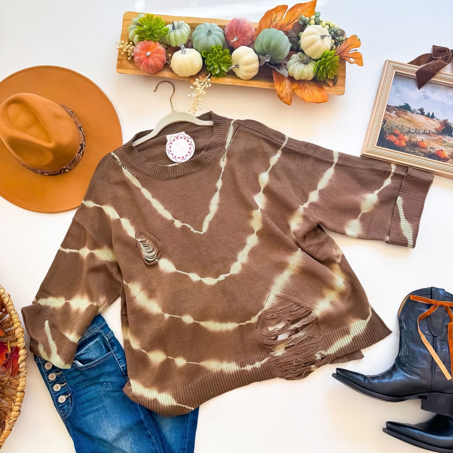 Brown tie-dye distressed knit sweater top