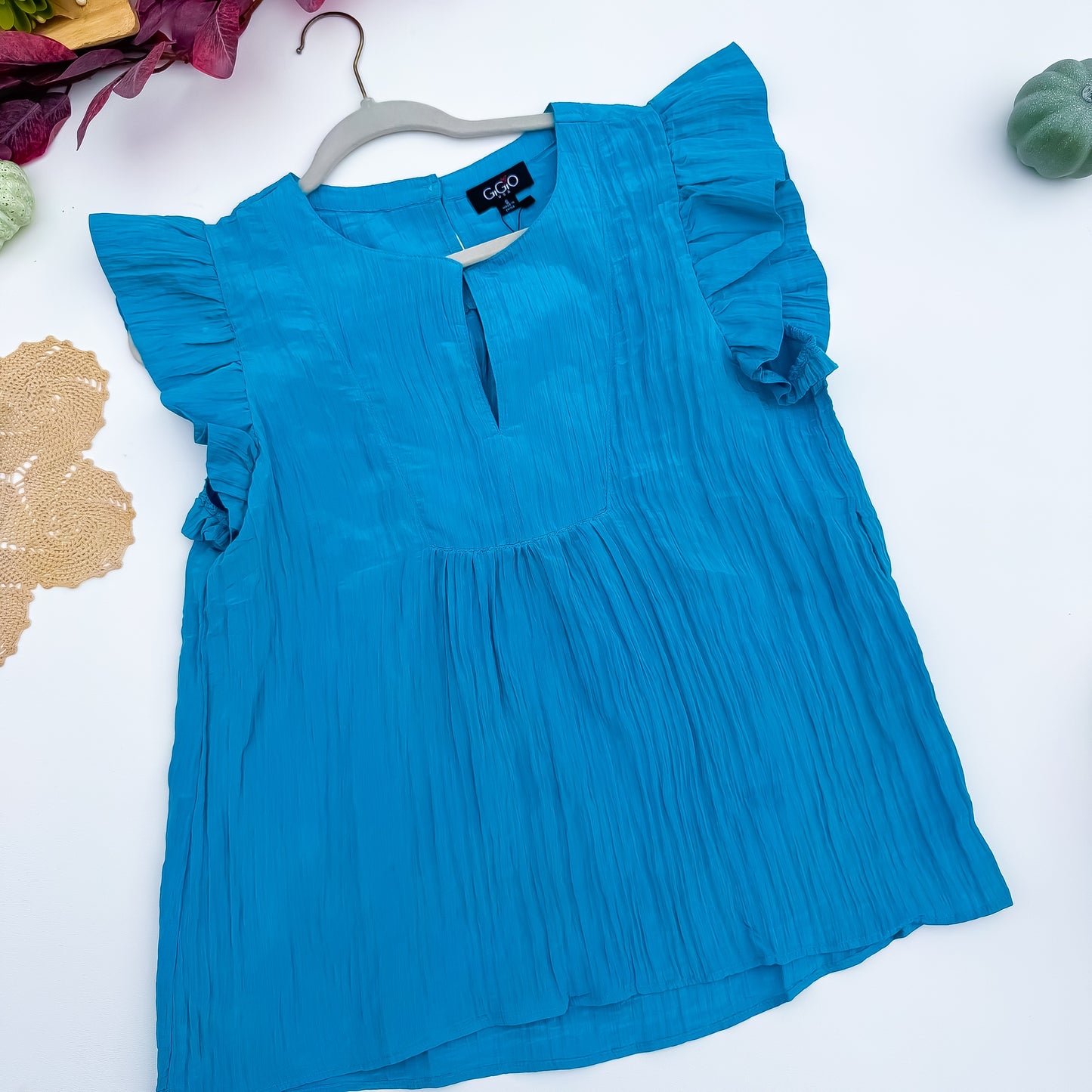 Turquoise Twirl Flutter Sleeve Crinkle Keyhole Top
