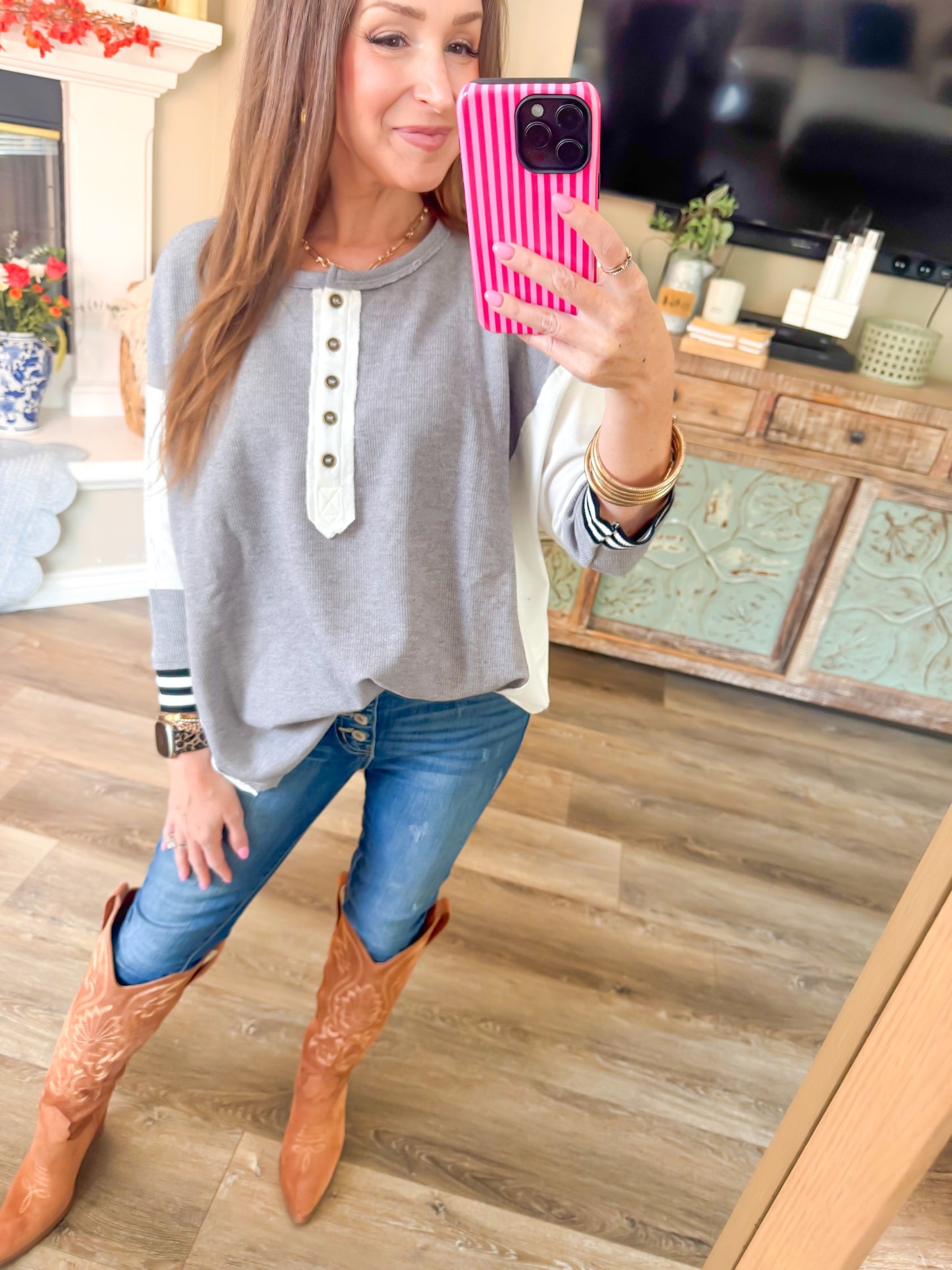 Varsity Weekend henley styled with jeans and boots