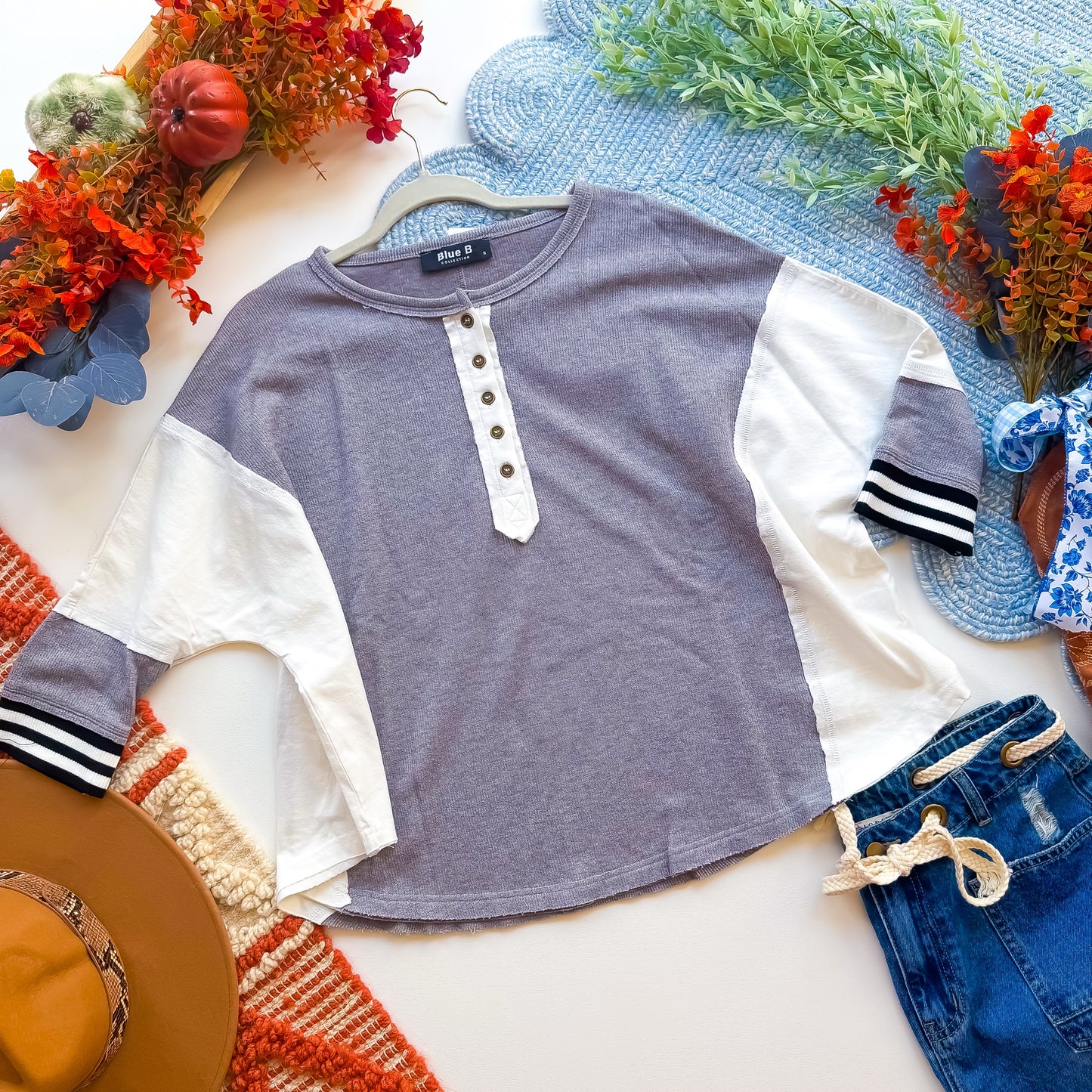 Varsity Weekend grey and black stripe henley flat lay
