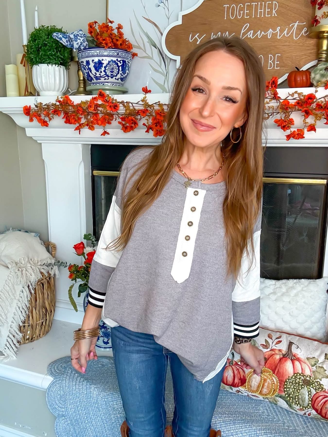 Varsity Weekend Grey & Black Stripe Henley Top