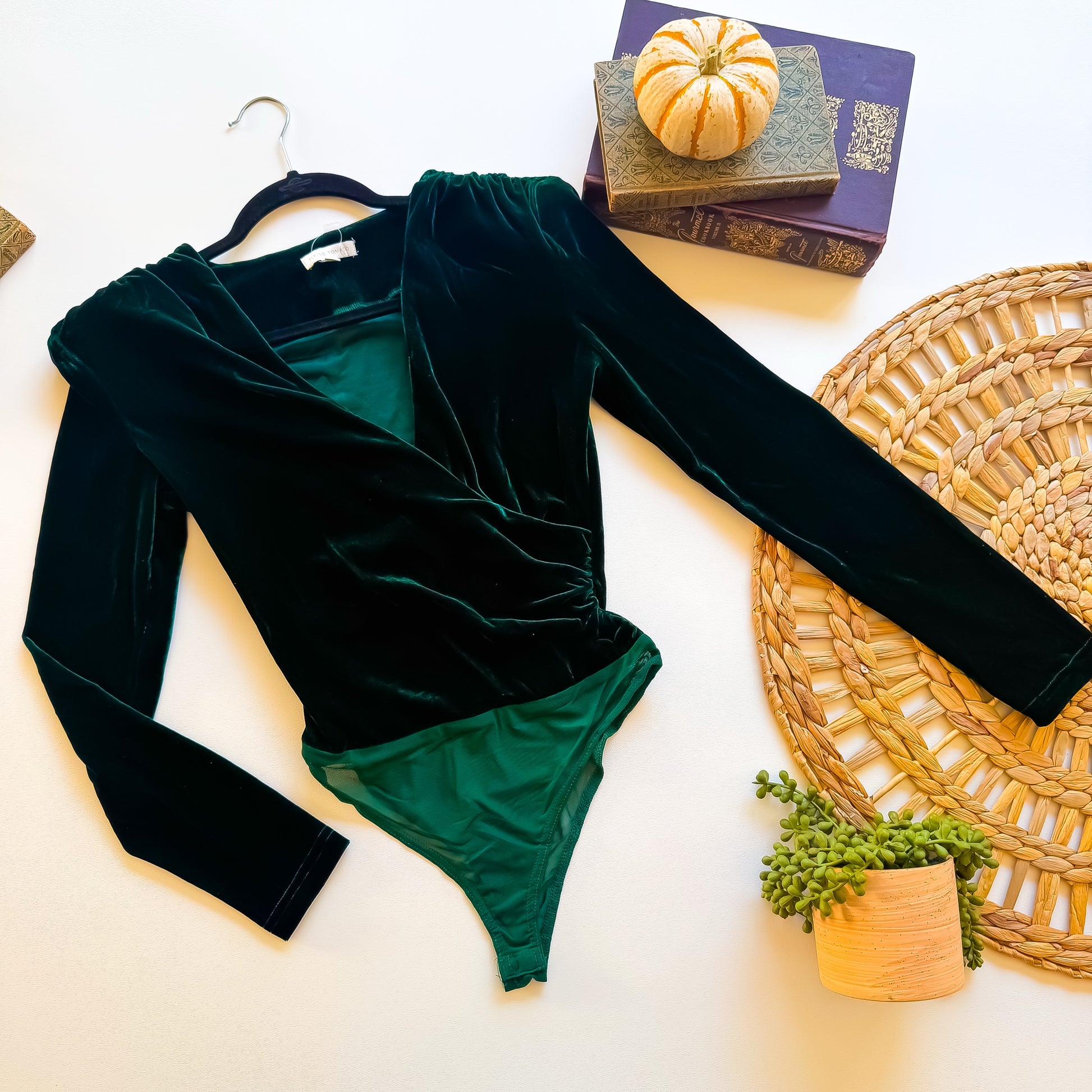 Emerald velvet wrap bodysuit