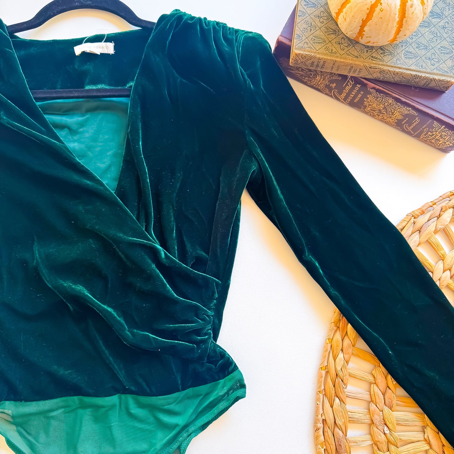 Emerald velvet wrap bodysuit