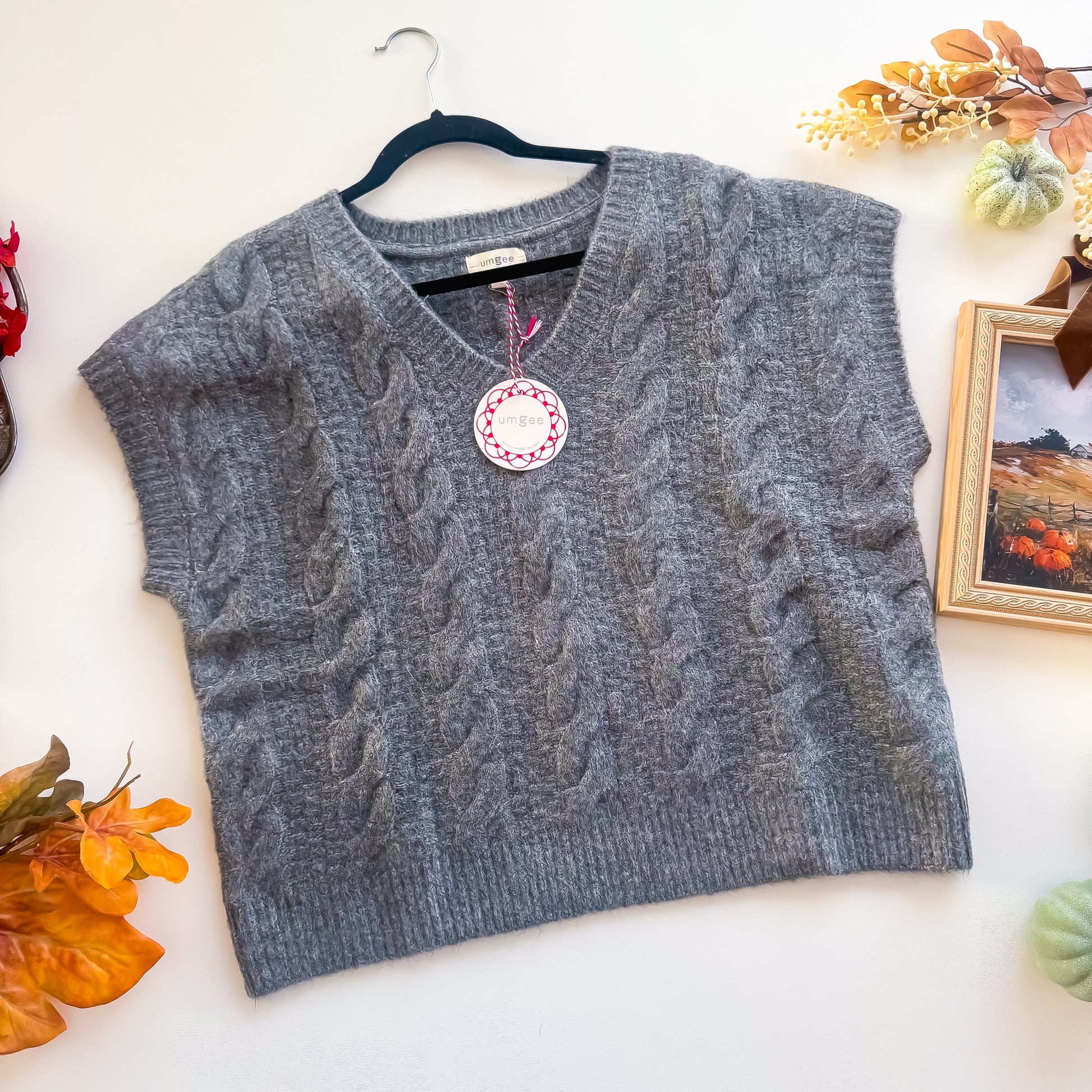 Charcoal cable knit fuzzy V-neck sweater vest
