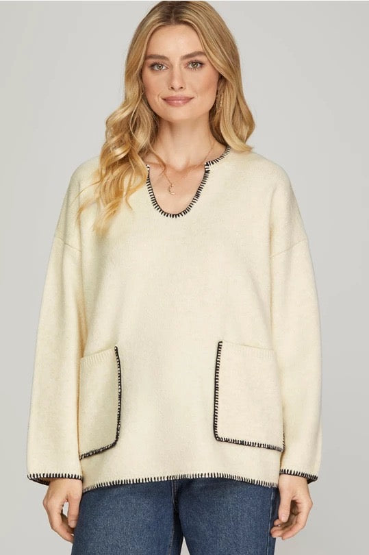 V-Neck Sweater with Contrast Stitching cream on model