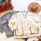 V-Neck Sweater with Contrast Stitching cream and grey
