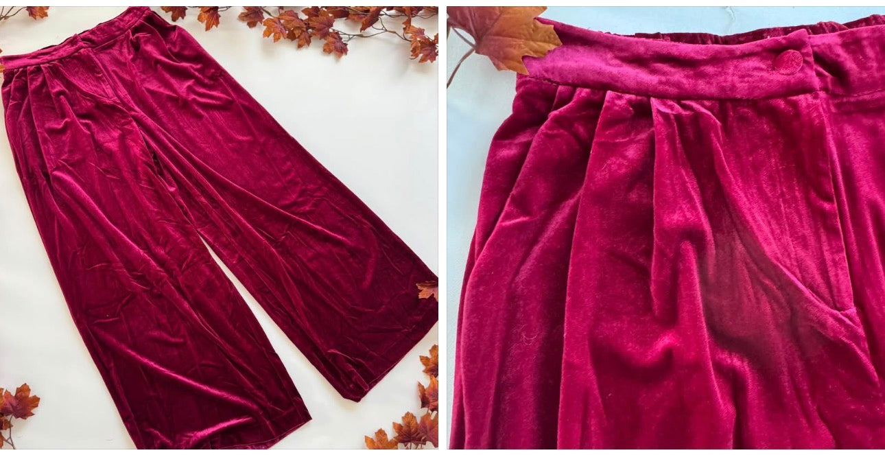 Burgundy velvet wide leg pants flat lay and waist detail
